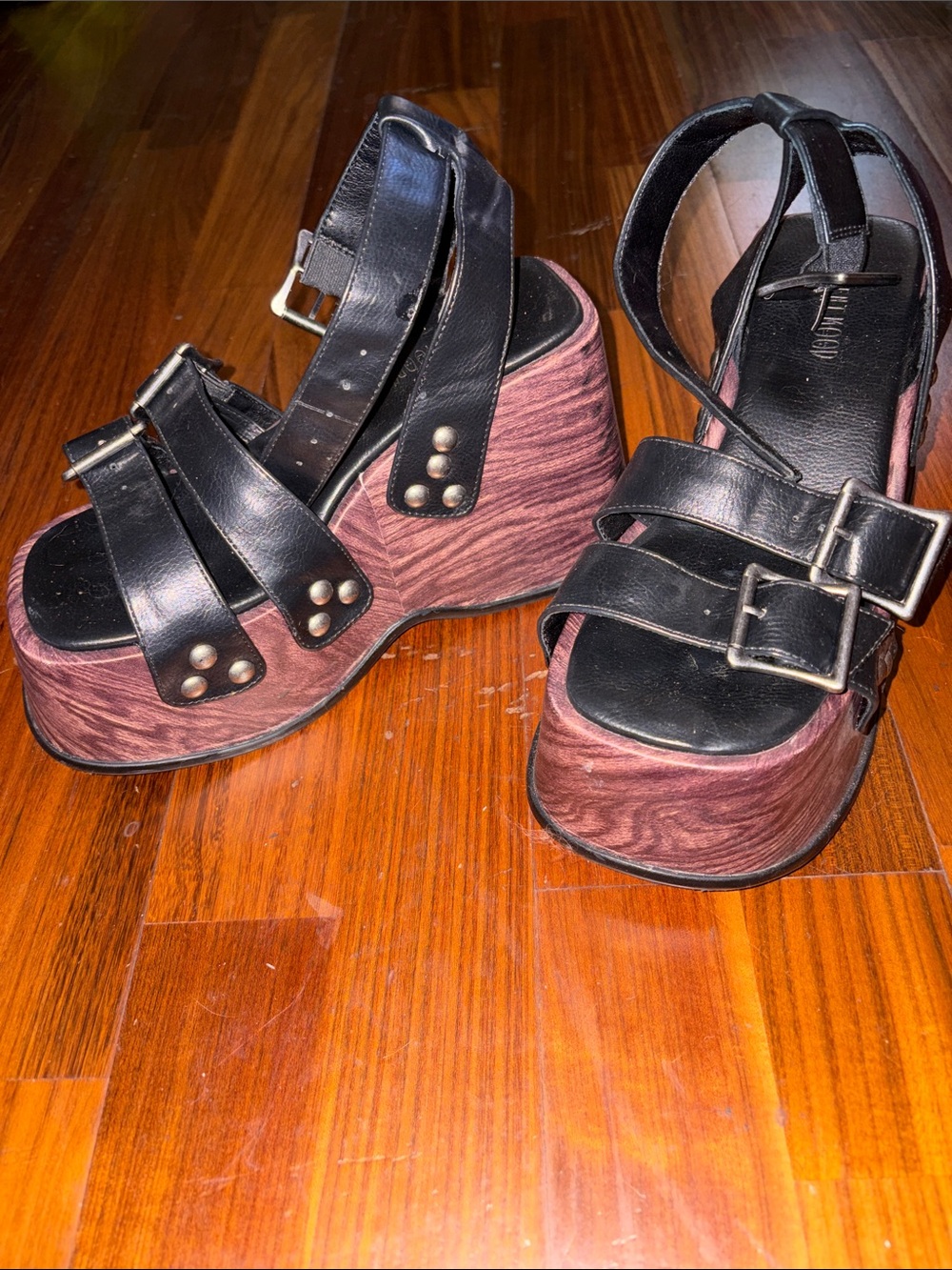 Current Mood Dolls Kill Platform Wedge Sandals in Black and Brown Woodgrain
